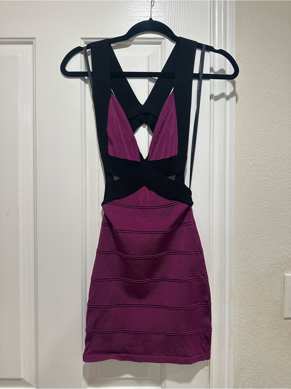bebe Black and Plum Strappy Cutout Mini Dress